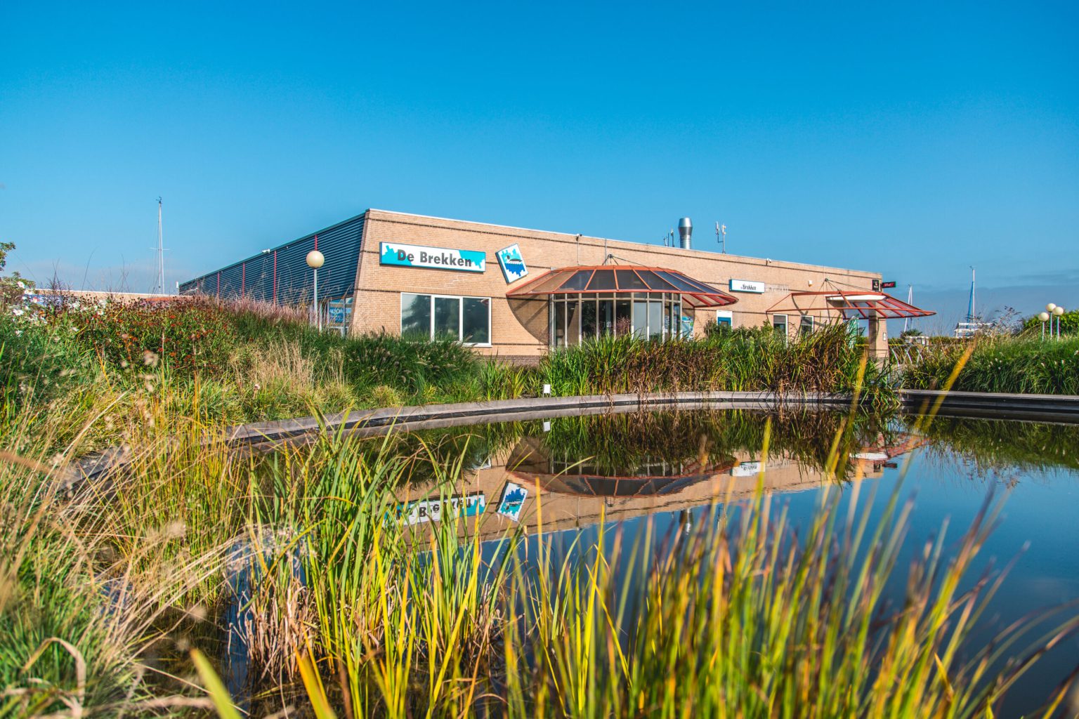 Moderne Marina mit Motorbooten am Wasser, umgeben von Schilf und einem großen Gebäude im Hintergrund